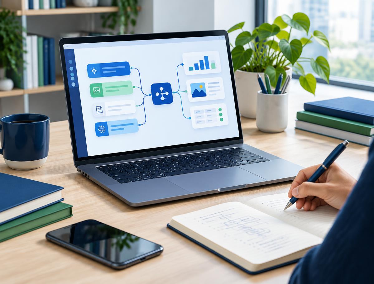 Persona tomando notas junto a una laptop con un flujo visual de inteligencia artificial