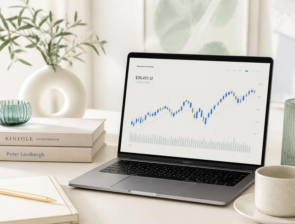 Laptop mostrando un gráfico financiero sobre un escritorio claro